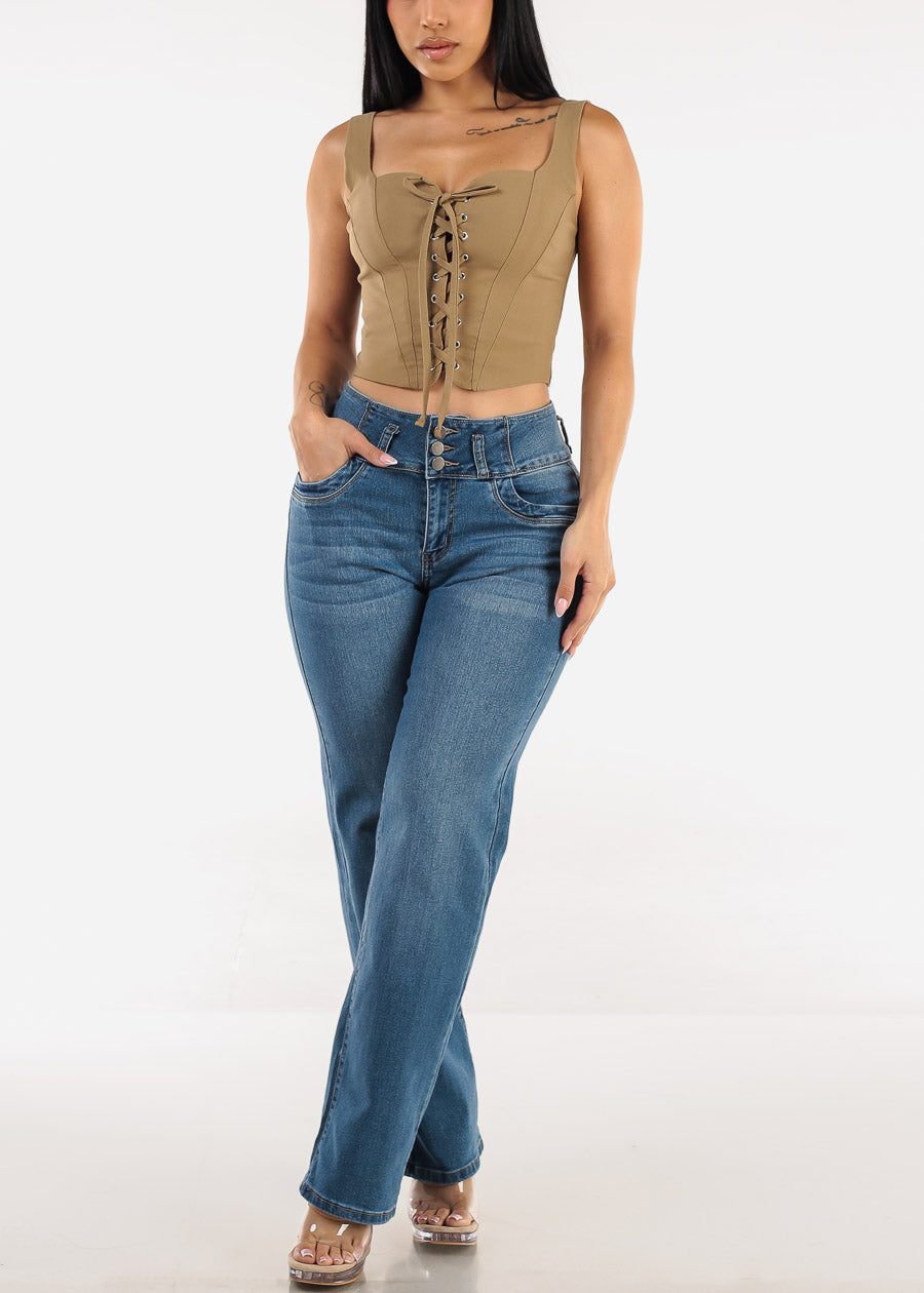 Sleeveless Lace Up Crop Top Dark Khaki