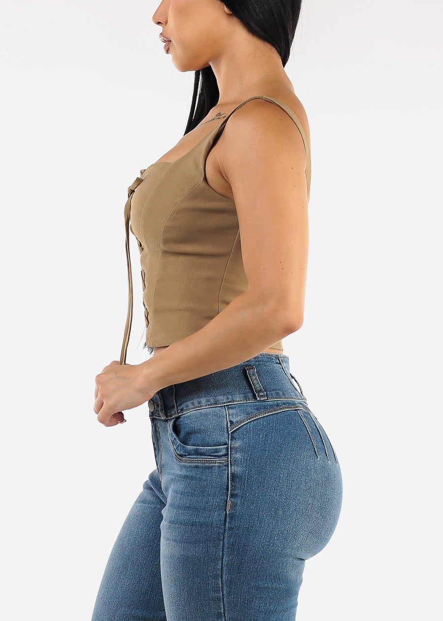 Sleeveless Lace Up Crop Top Dark Khaki