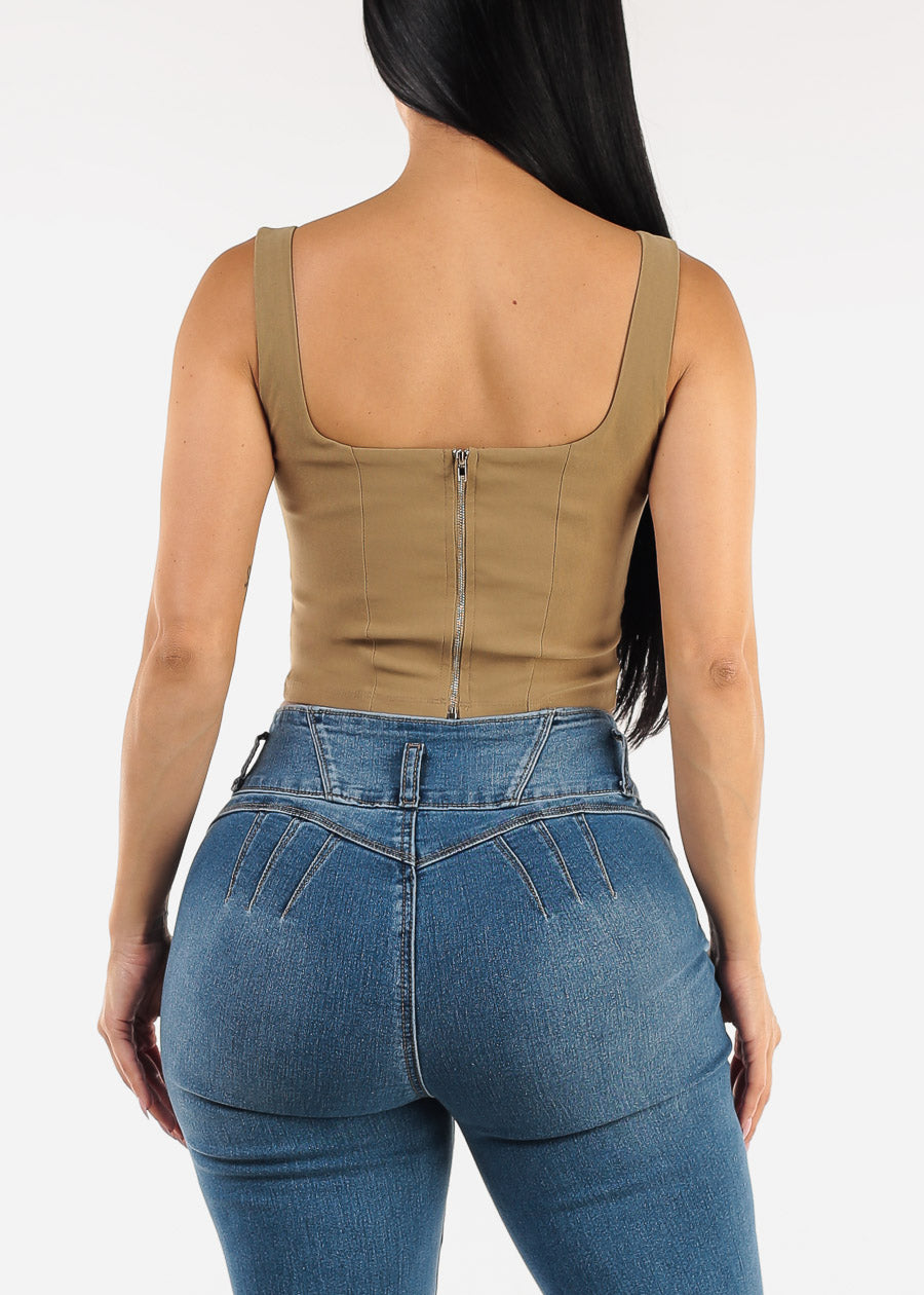 Sleeveless Lace Up Crop Top Dark Khaki