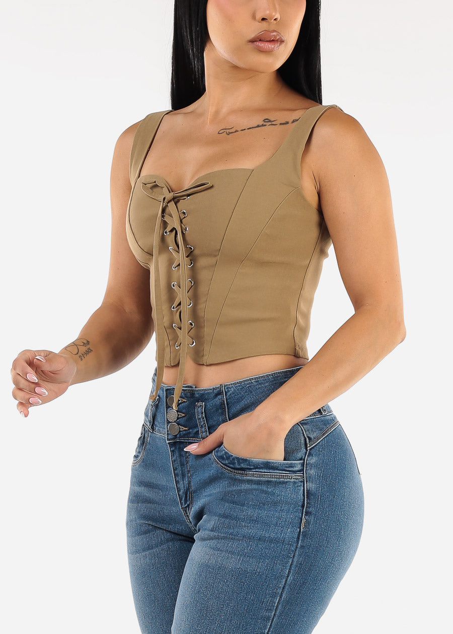 Sleeveless Lace Up Crop Top Dark Khaki