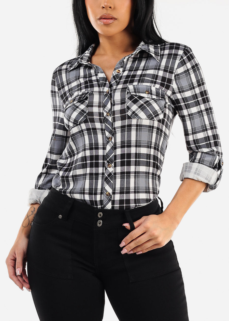 Long Sleeve Button Up Plaid Shirt Black