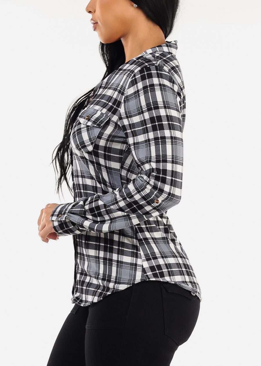 Long Sleeve Button Up Plaid Shirt Black