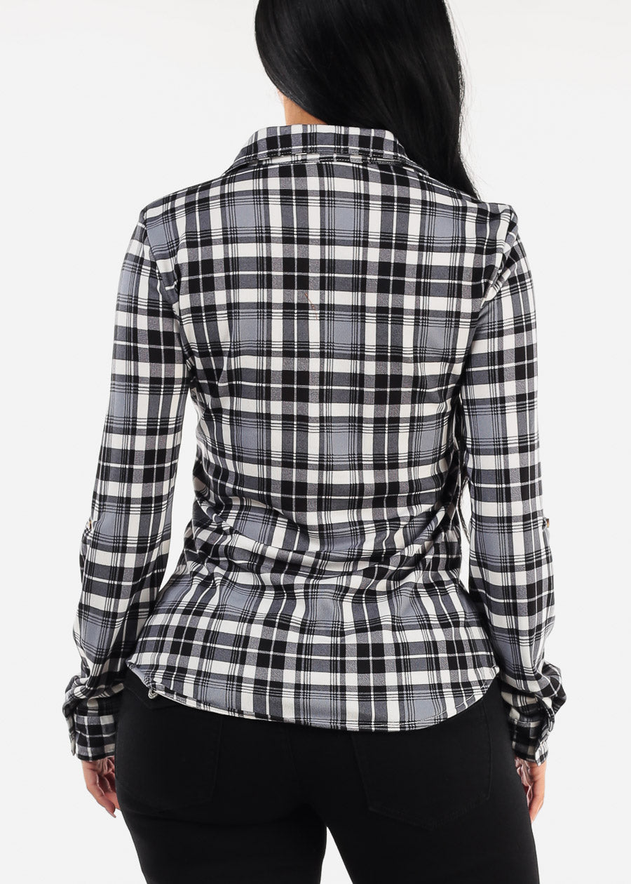 Long Sleeve Button Up Plaid Shirt Black