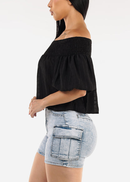 Short Puff Sleeve Off Shoulder Top Black