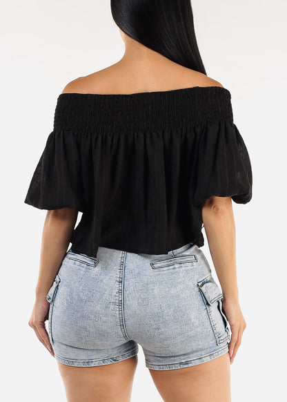 Short Puff Sleeve Off Shoulder Top Black