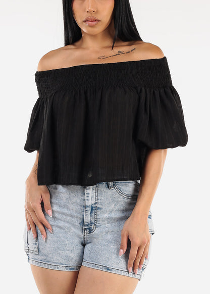 Short Puff Sleeve Off Shoulder Top Black