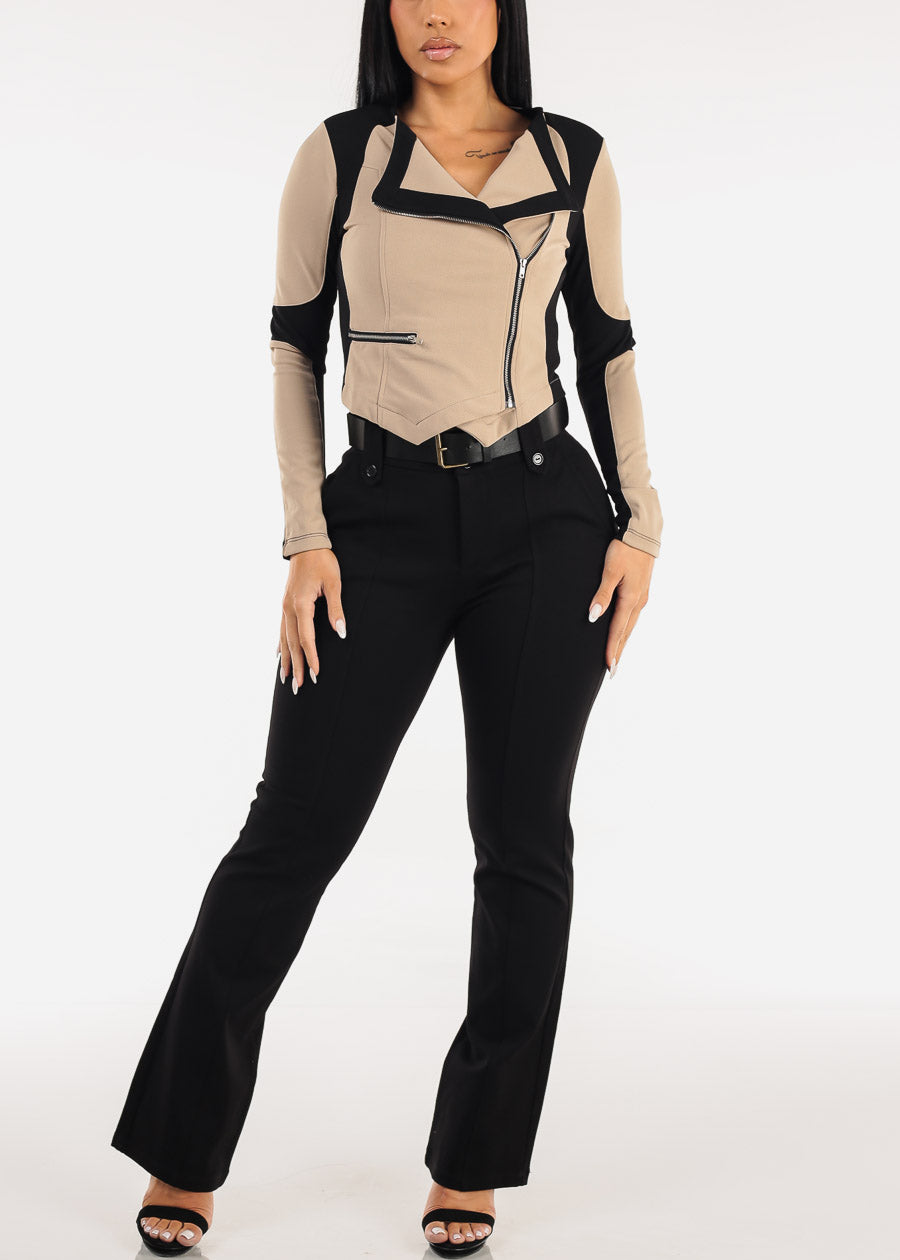 Stretch Long Sleeve Zip Up Colorblock Crop Jacket Black & Khaki