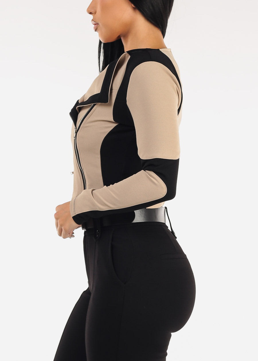 Stretch Long Sleeve Zip Up Colorblock Crop Jacket Black & Khaki
