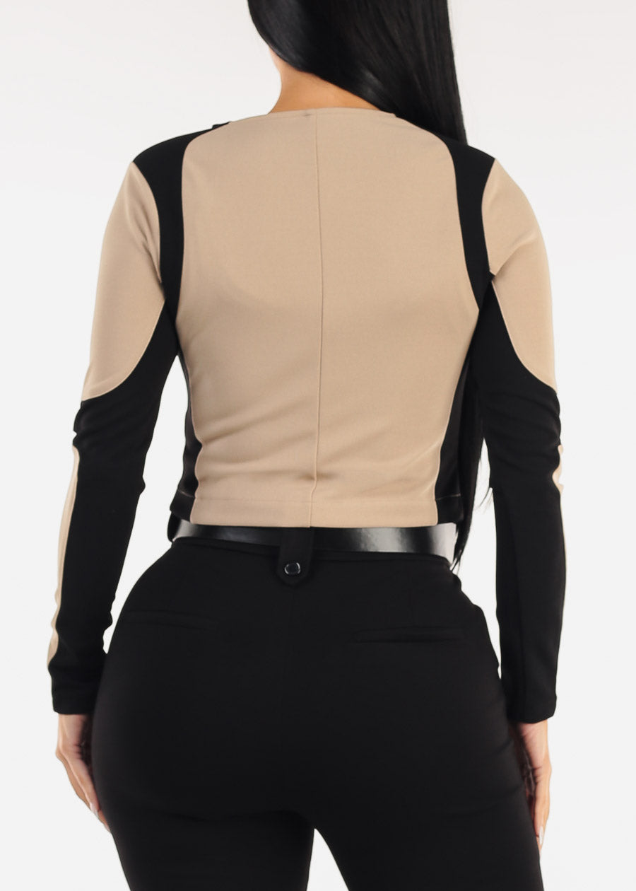 Stretch Long Sleeve Zip Up Colorblock Crop Jacket Black & Khaki