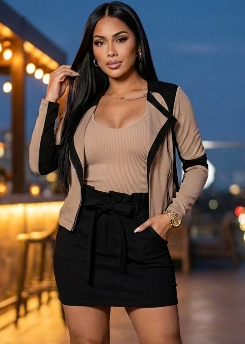 Stretch Long Sleeve Zip Up Colorblock Crop Jacket Black & Khaki
