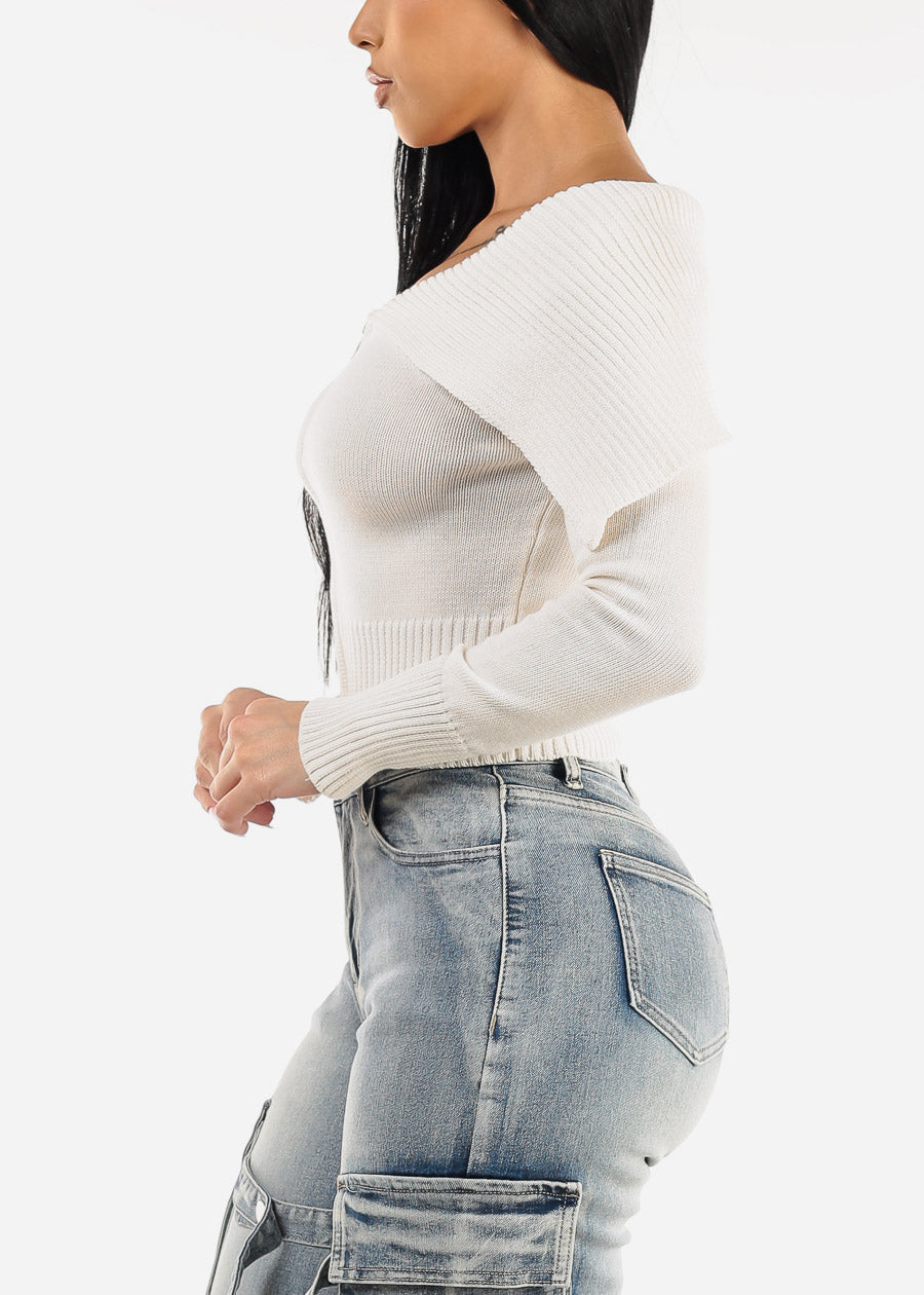 Off Shoulder Zip Up Sweater Ivory