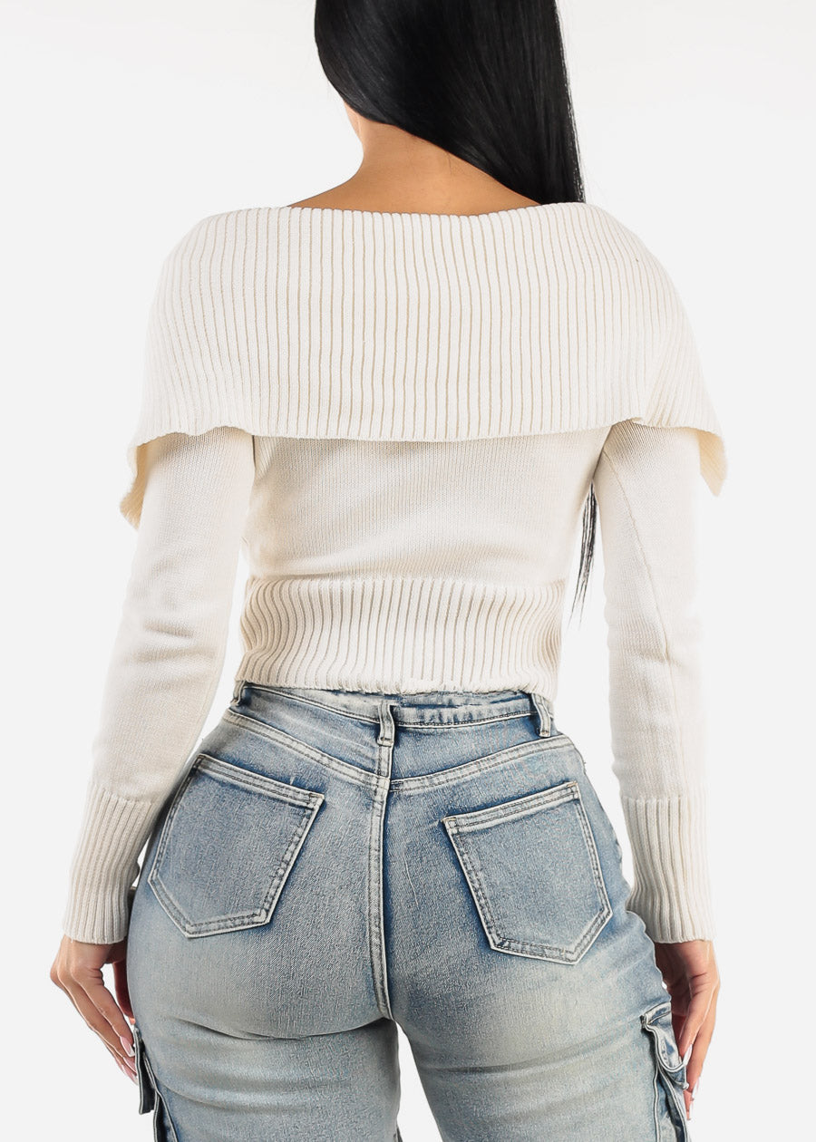 Off Shoulder Zip Up Sweater Ivory