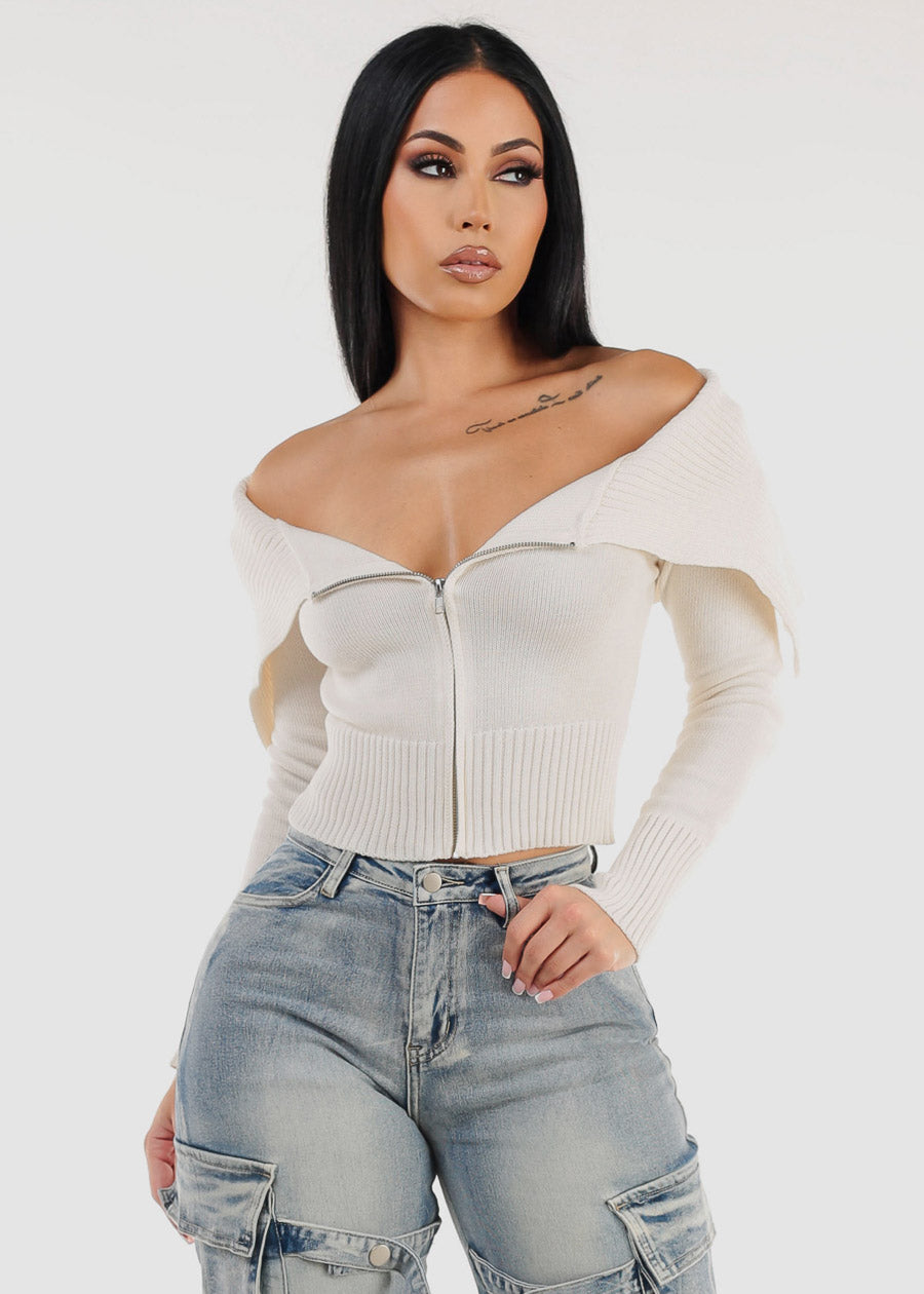 Off Shoulder Zip Up Sweater Ivory