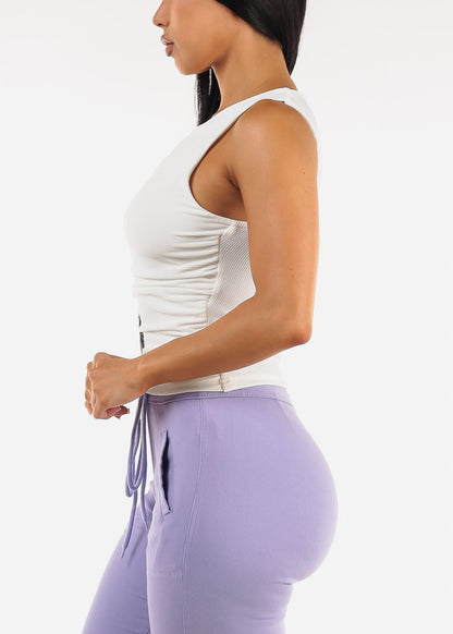 Sleeveless Asymmetrical Neckline Ruched Top White