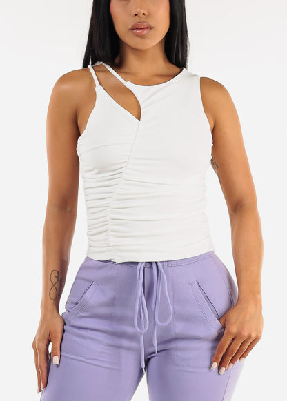Sleeveless Asymmetrical Neckline Ruched Top White