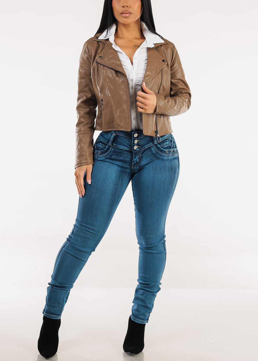 Long Sleeve Button Up Ruched Stretch Blouse White