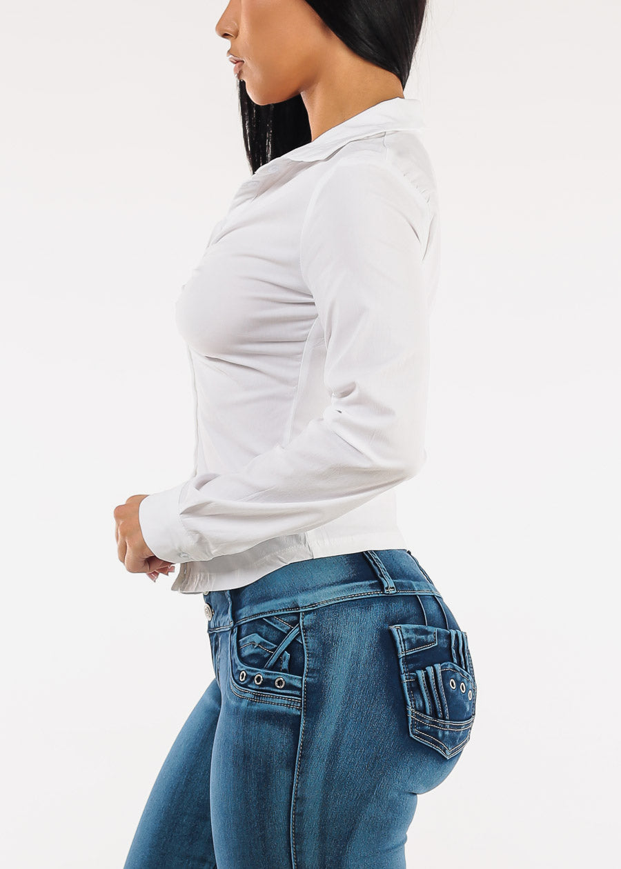 Long Sleeve Button Up Ruched Stretch Blouse White