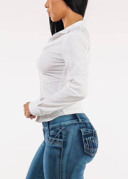 Long Sleeve Button Up Ruched Stretch Blouse White