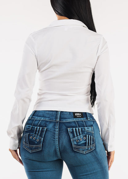 Long Sleeve Button Up Ruched Stretch Blouse White