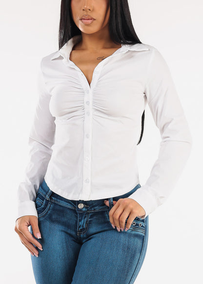 Long Sleeve Button Up Ruched Stretch Blouse White