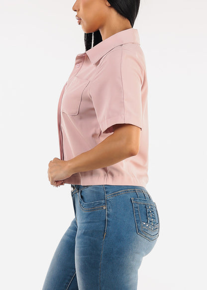 Short Sleeve Button Up Collared Blouse Mauve