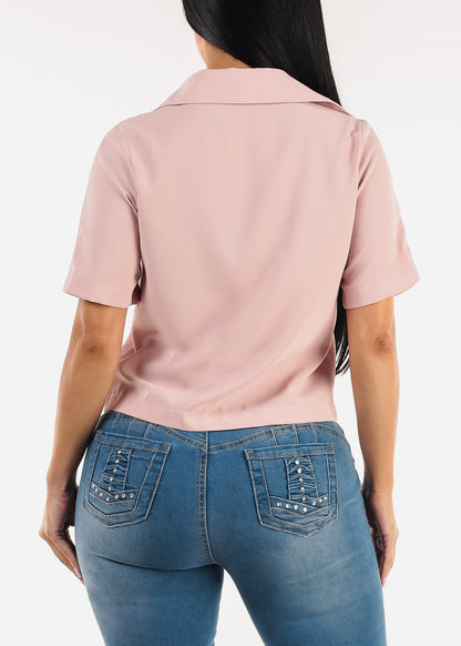 Short Sleeve Button Up Collared Blouse Mauve