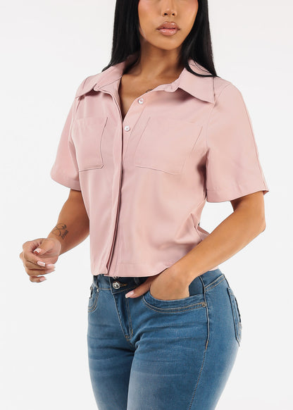 Short Sleeve Button Up Collared Blouse Mauve