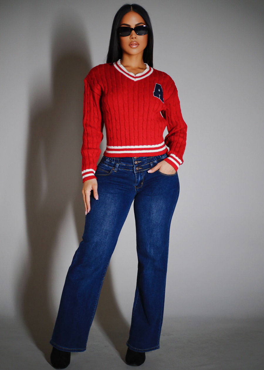 Long Sleeve Vneck Varsity Cable Knit Sweater Red