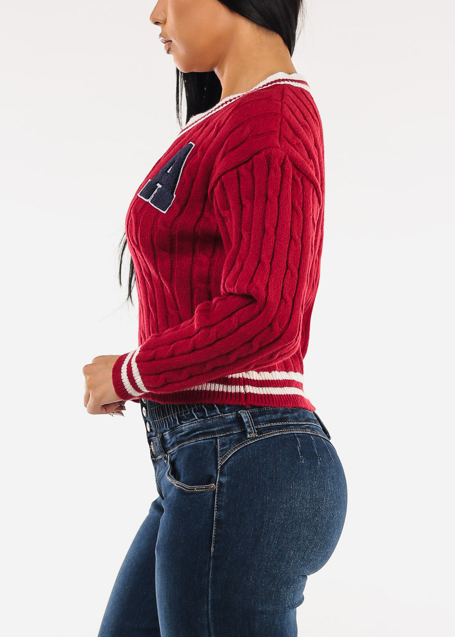 Long Sleeve Vneck Varsity Cable Knit Sweater Red