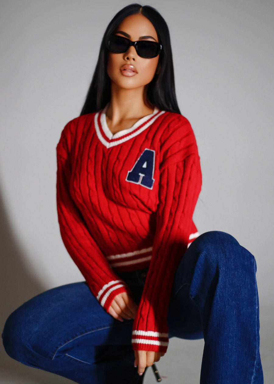 Long Sleeve Vneck Varsity Cable Knit Sweater Red