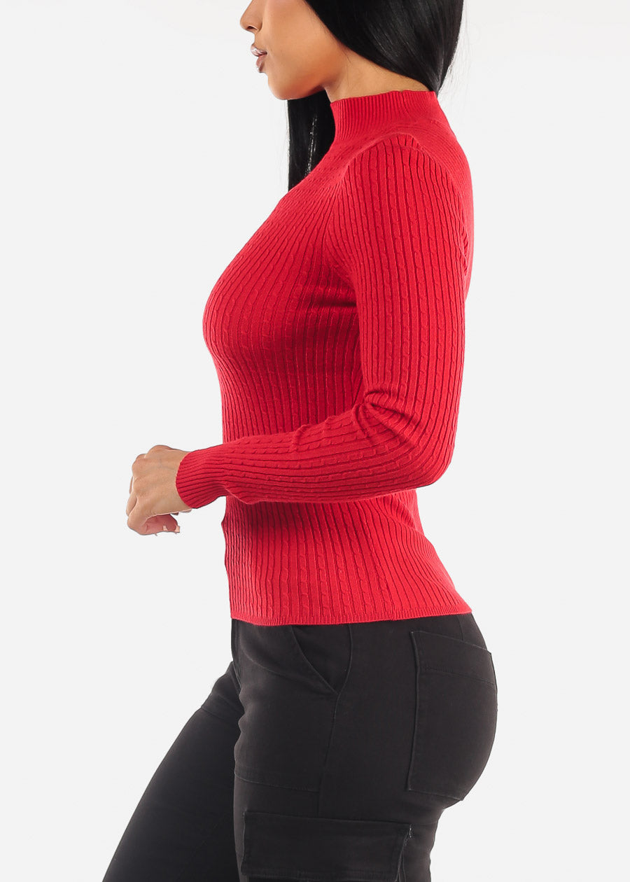 Long Sleeve Mock Neck Ribbed Sweater Red