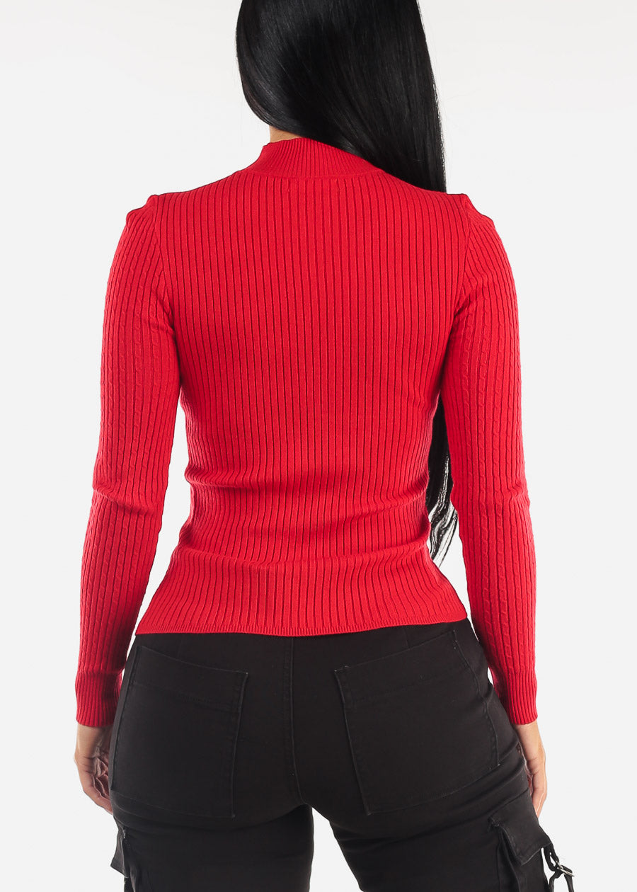 Long Sleeve Mock Neck Ribbed Sweater Red