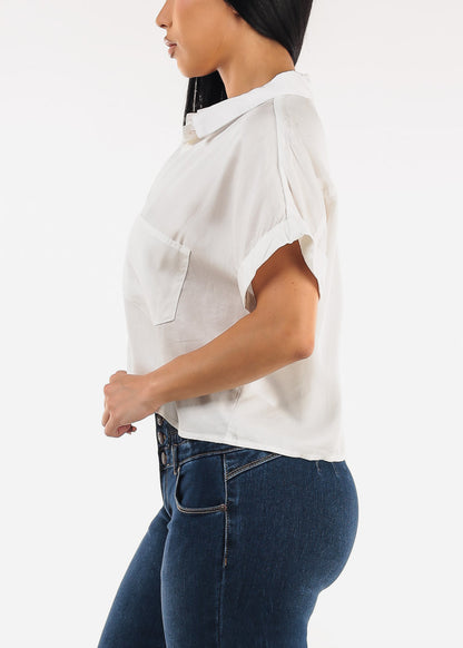 Short Sleeve Button Up White Flowy Shirt