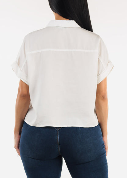 Short Sleeve Button Up White Flowy Shirt