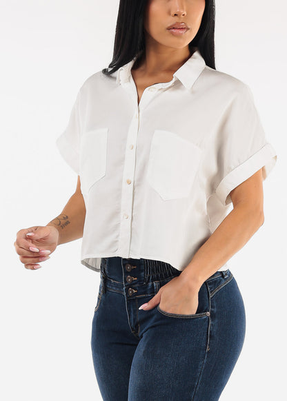 Short Sleeve Button Up White Flowy Shirt
