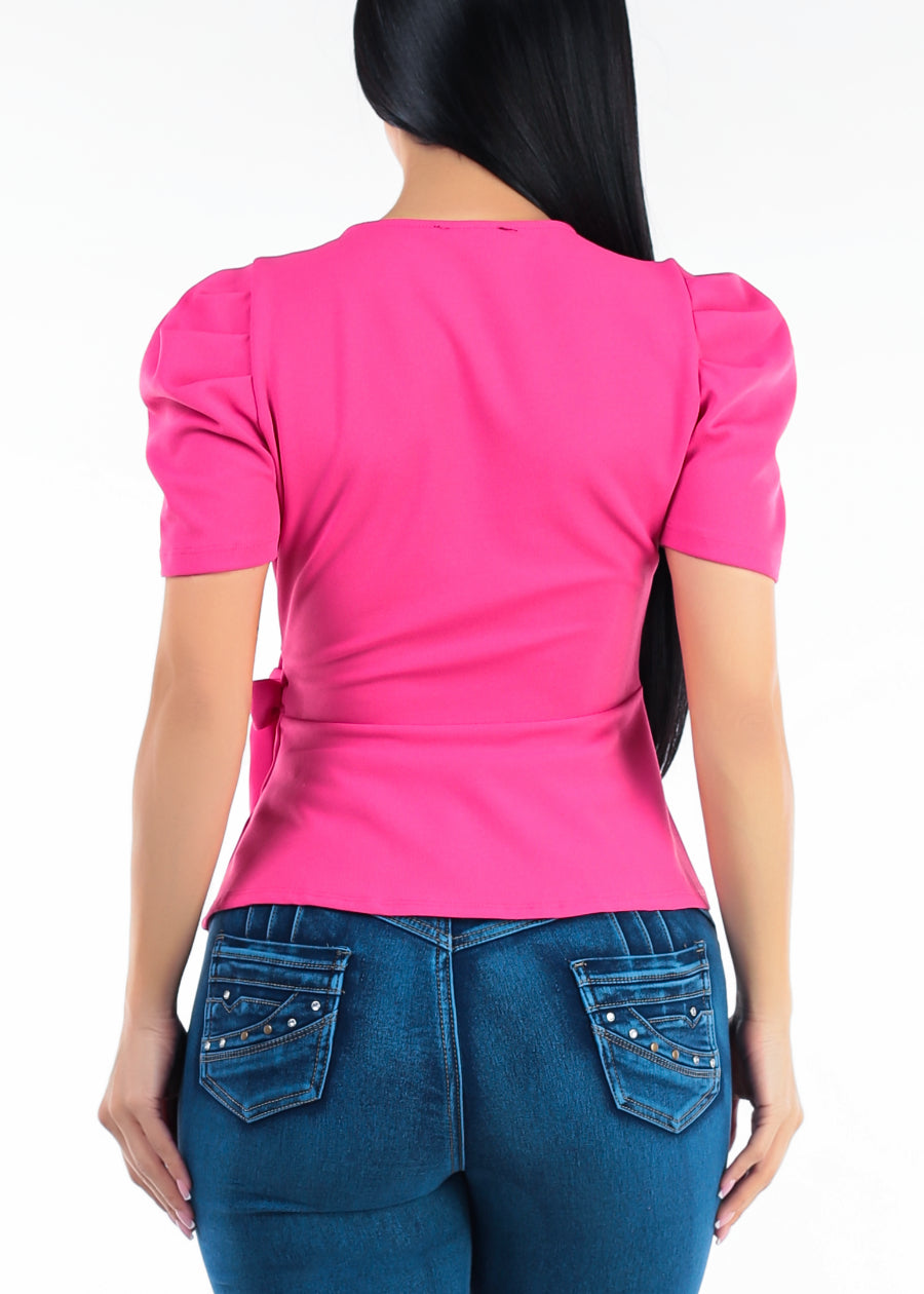 Short Sleeve Surplice Stretch Peplum Blouse Fuchsia