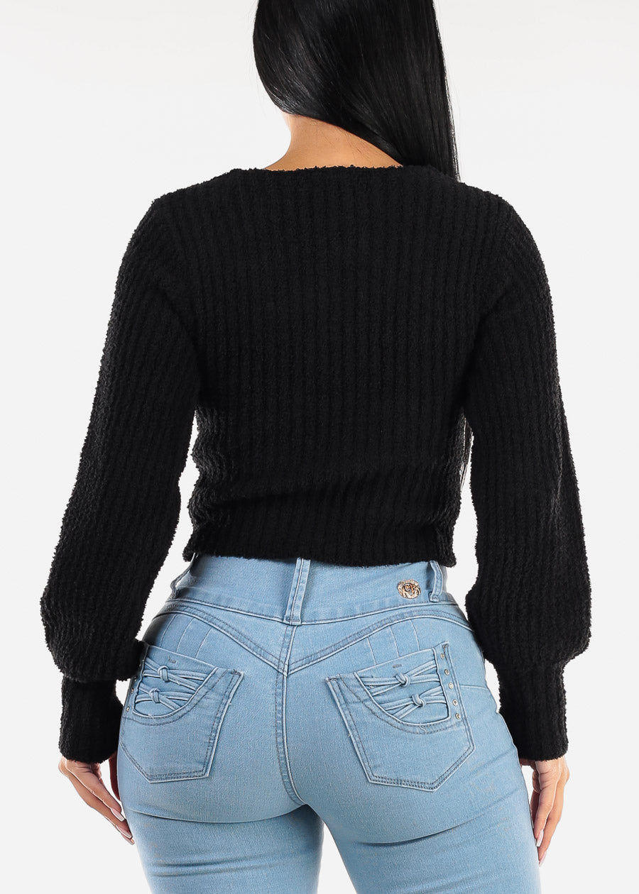 Black Long Sleeve Vneck Plush Sweater