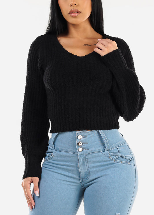 Black Long Sleeve Vneck Plush Sweater