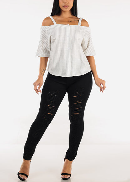 Cold Shoulder White Linen Stripe Blouse