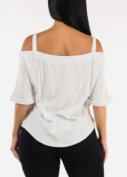 Cold Shoulder White Linen Stripe Blouse