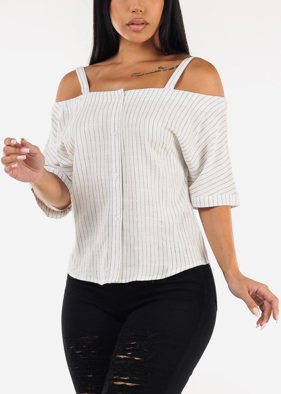 Cold Shoulder White Linen Stripe Blouse