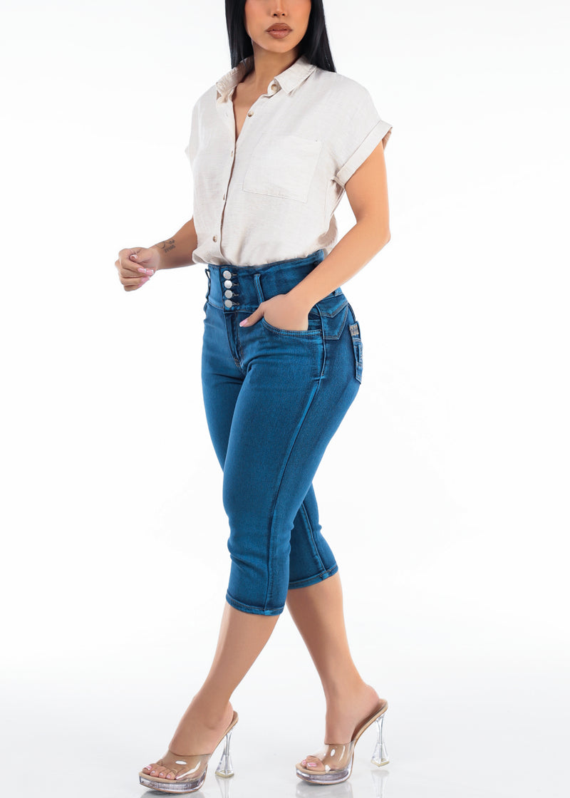 Cuffed Short Sleeve Button Up Collared Blouse Oatmeal