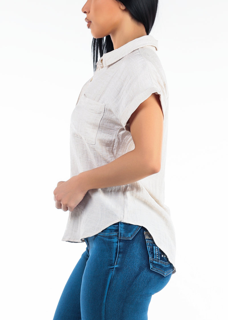 Cuffed Short Sleeve Button Up Collared Blouse Oatmeal