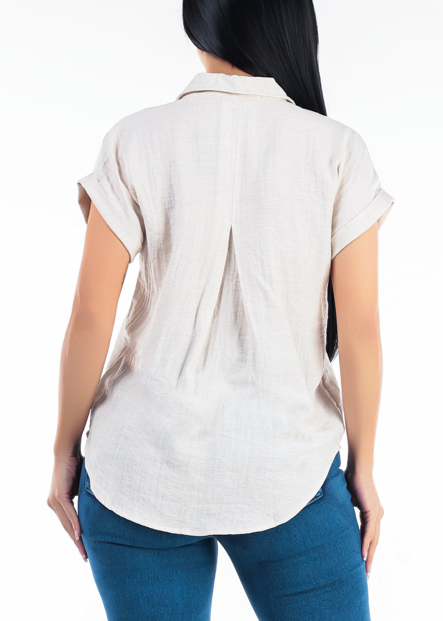 Cuffed Short Sleeve Button Up Collared Blouse Oatmeal