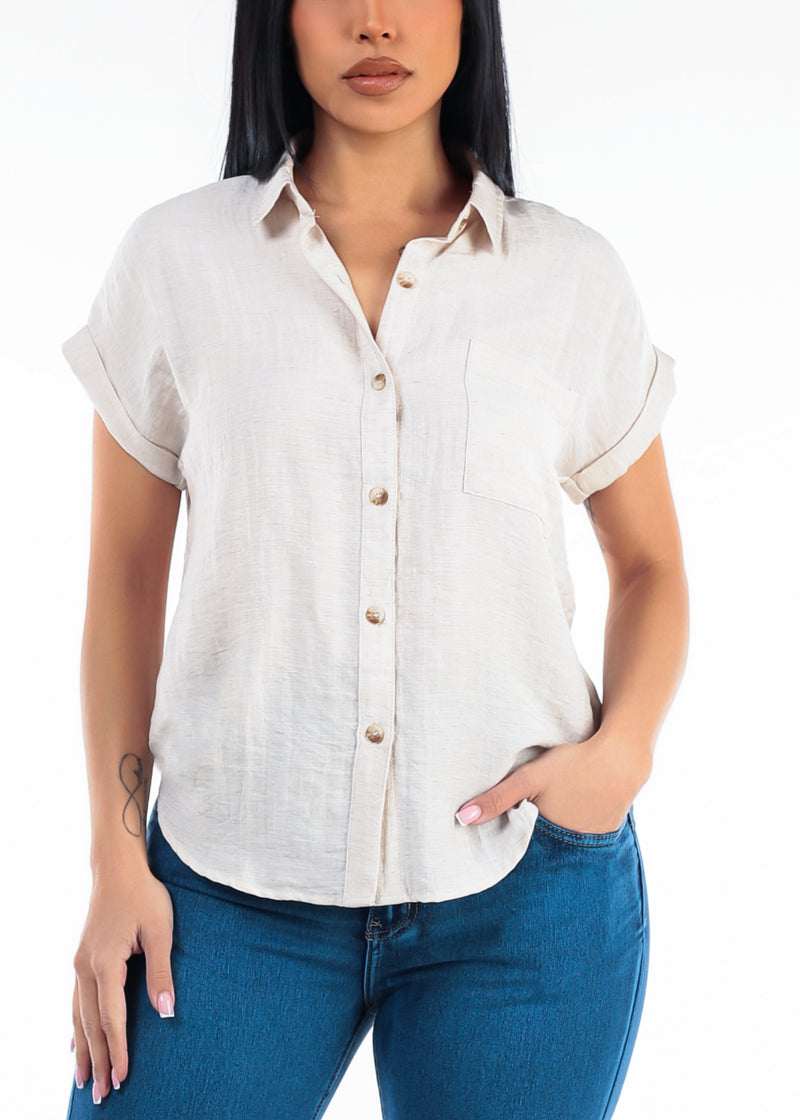 Cuffed Short Sleeve Button Up Collared Blouse Oatmeal