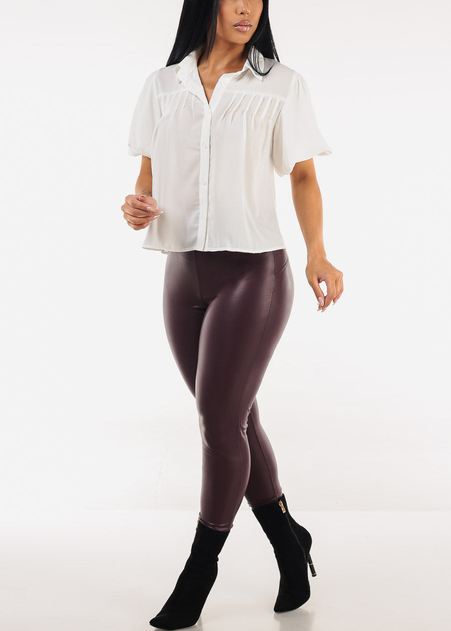 Puff Short Sleeve White Button Up Blouse