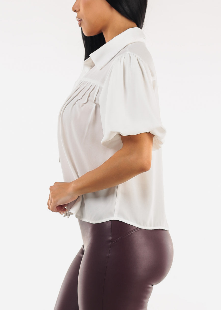 Puff Short Sleeve White Button Up Blouse