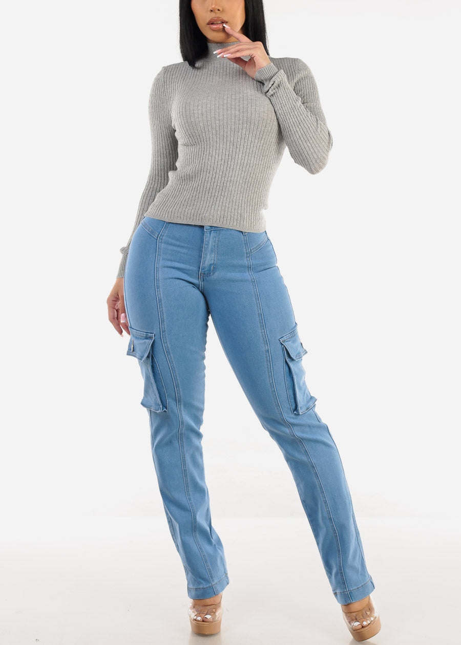 Long Sleeve Mock Neck Ribbed Sweater Grey