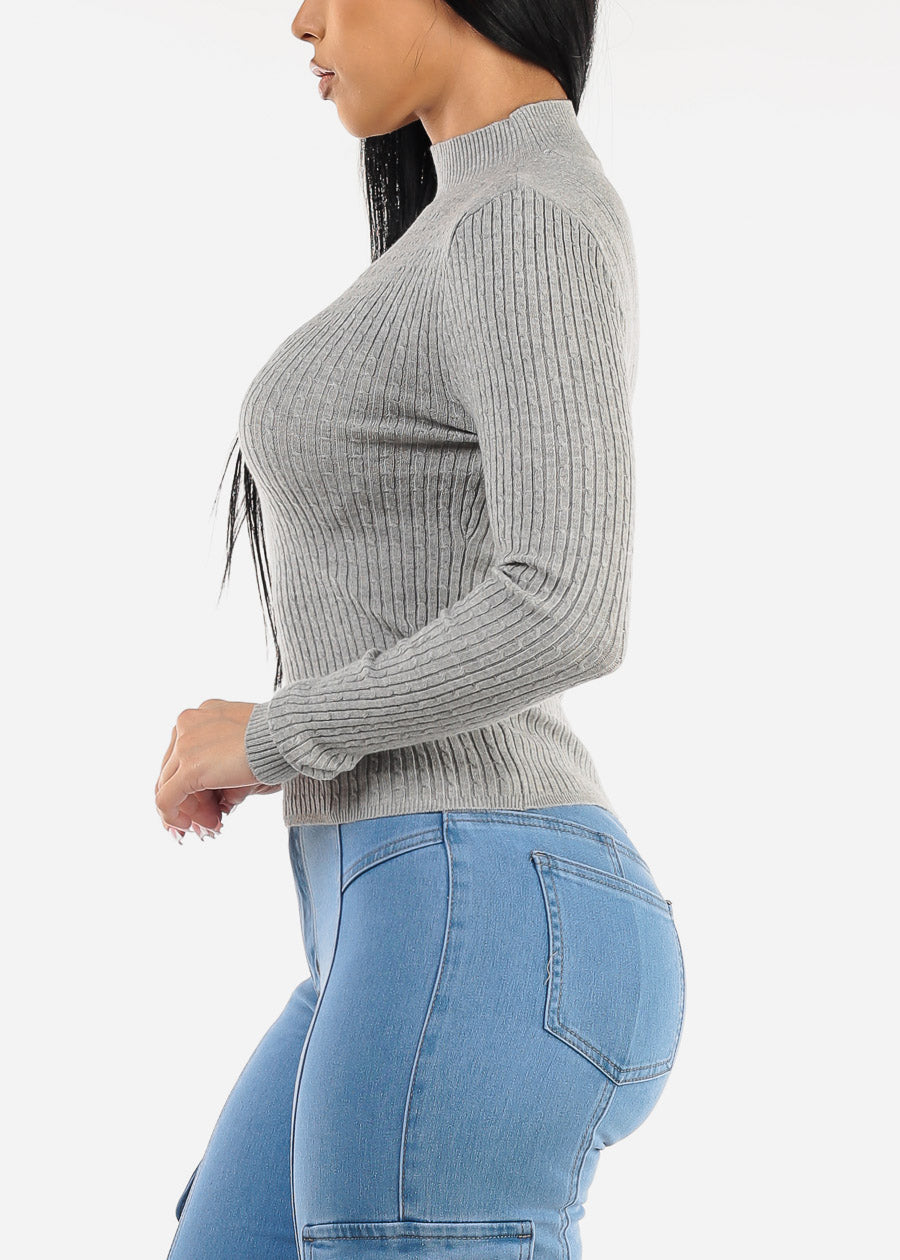 Long Sleeve Mock Neck Ribbed Sweater Grey