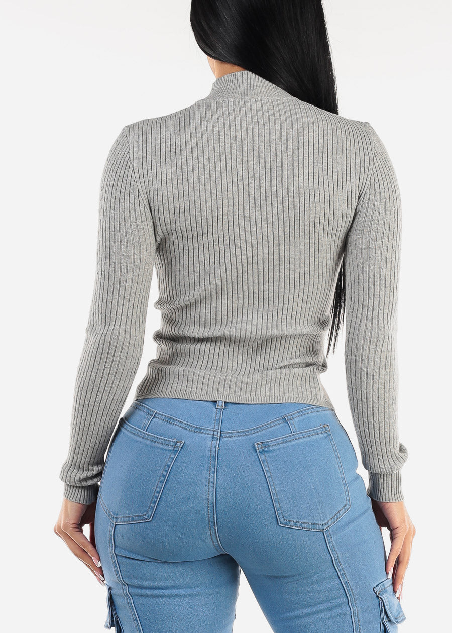 Long Sleeve Mock Neck Ribbed Sweater Grey